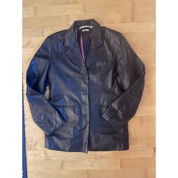 VTG Tommy Hilfiger Leather Blazer Jacket Black 12 - Picture 1 of 5